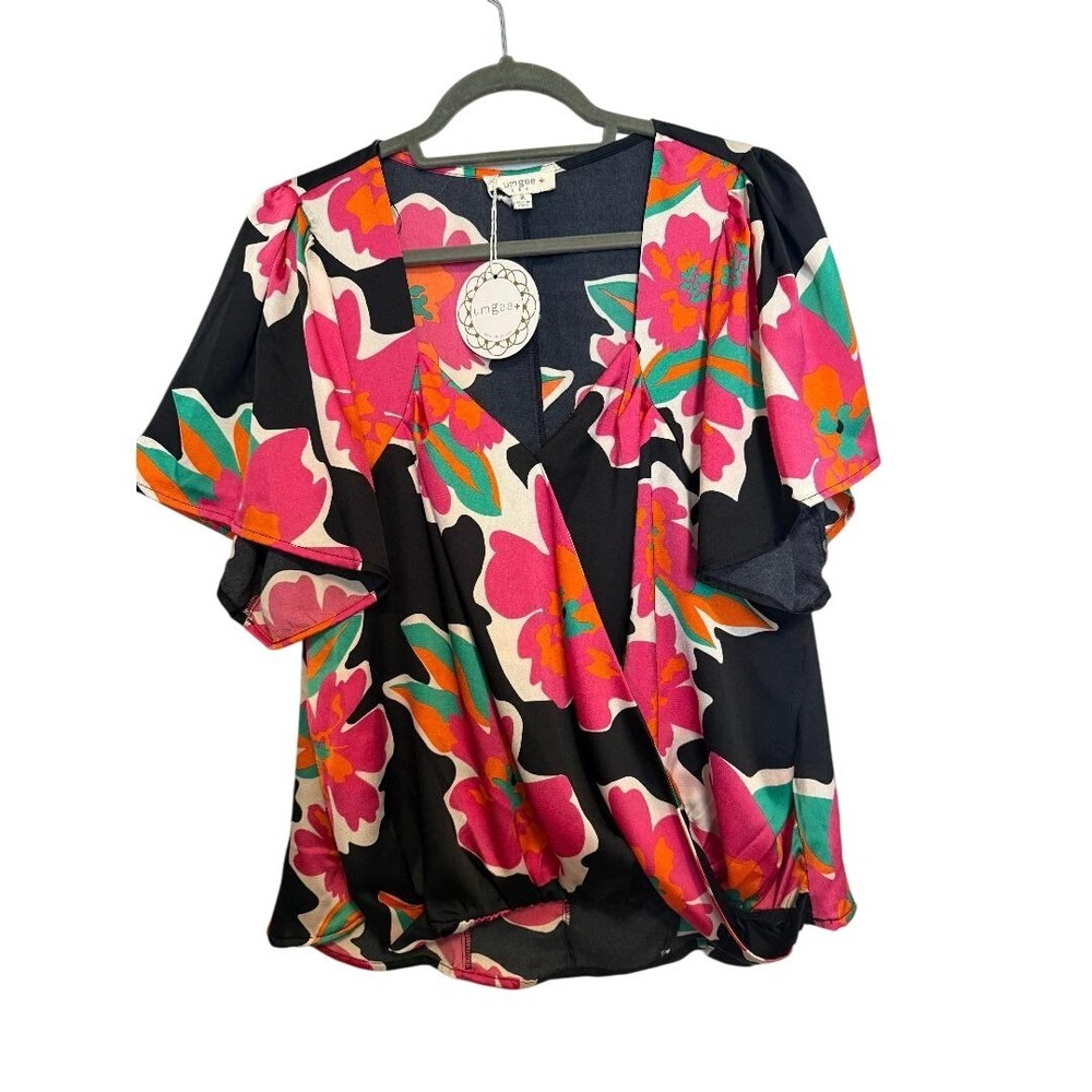 NWT-Umgee USA Floral Wrap Blouse Short Flutter Sleeve Pink Orange Black XL